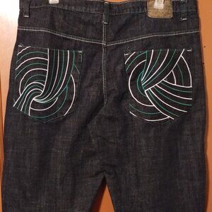 Y2k BLUE Corked Jean Shorts Embroidered Skater Hip Hop Baggy Denim Jorts Size 42